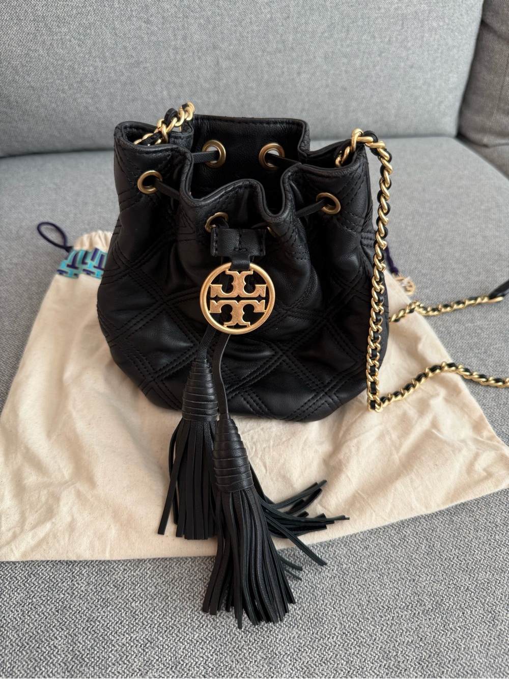 Tory Burch Black Quilted Leather Drawstring Crossbody with Gold Hardware